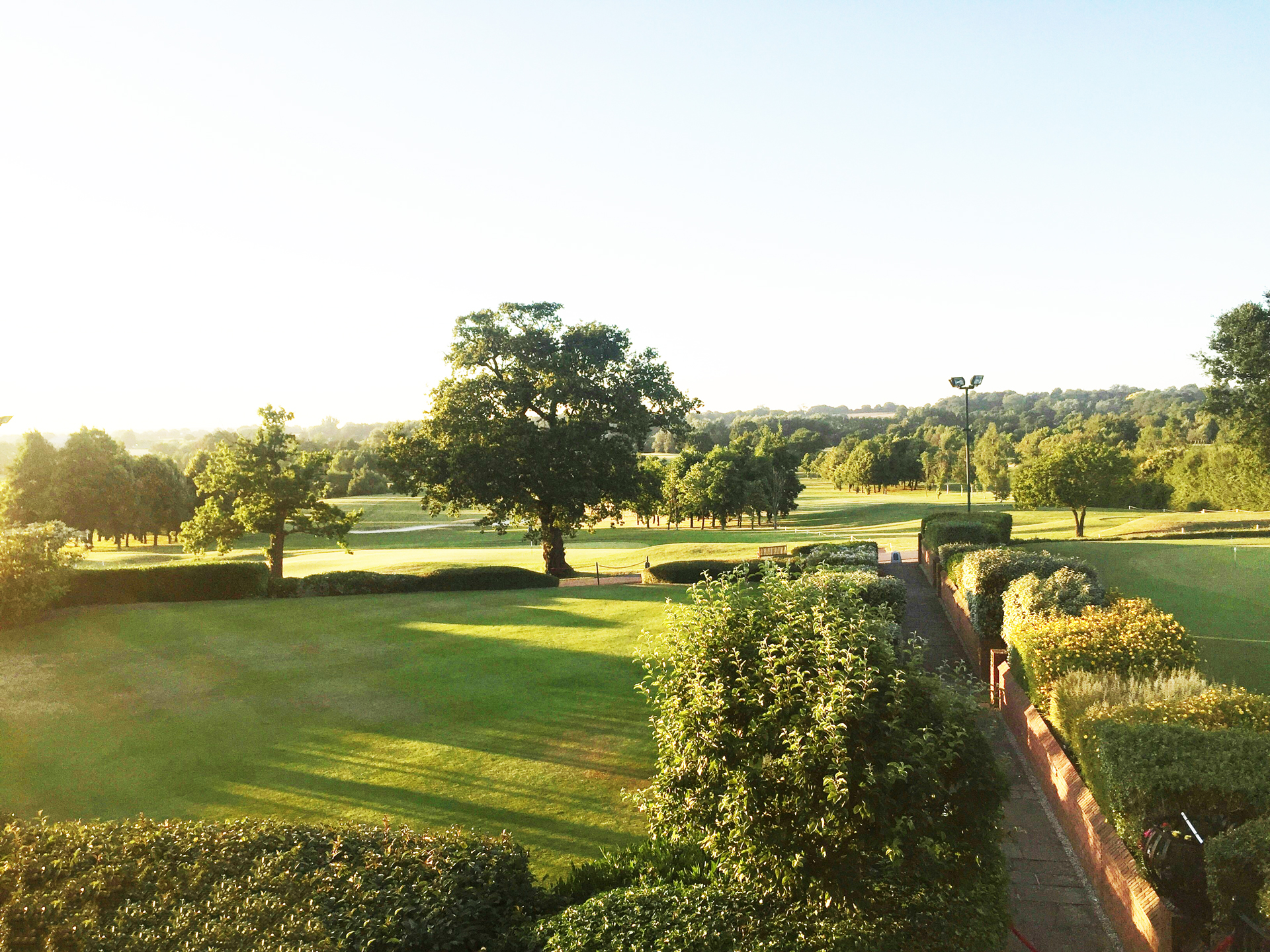 beautiful corporate property like a country club with trees and grass and bushes well maintained